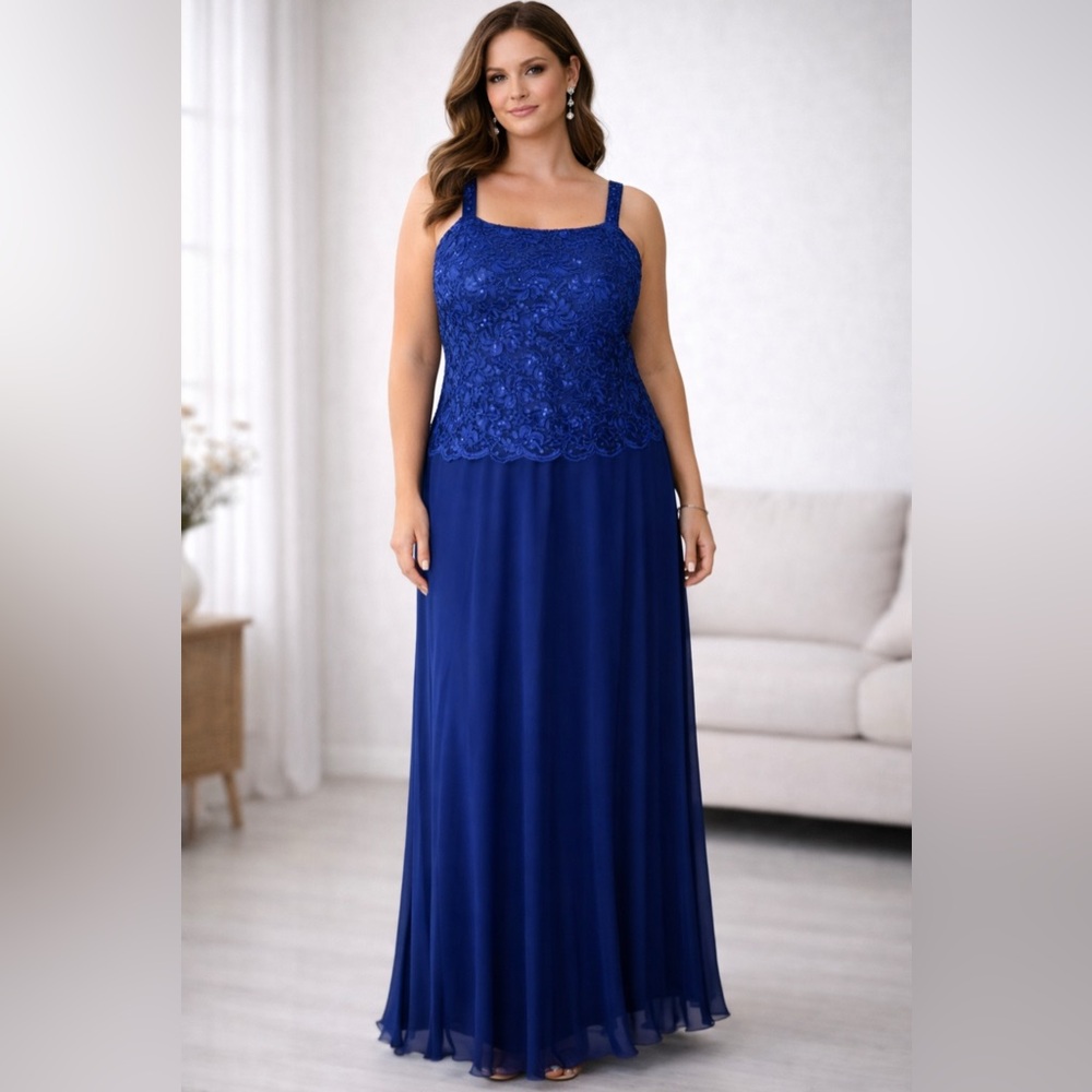Marina Long Formal Dress 14W Royal Blue Sequin Flowy Wedding Party Cruise NEW